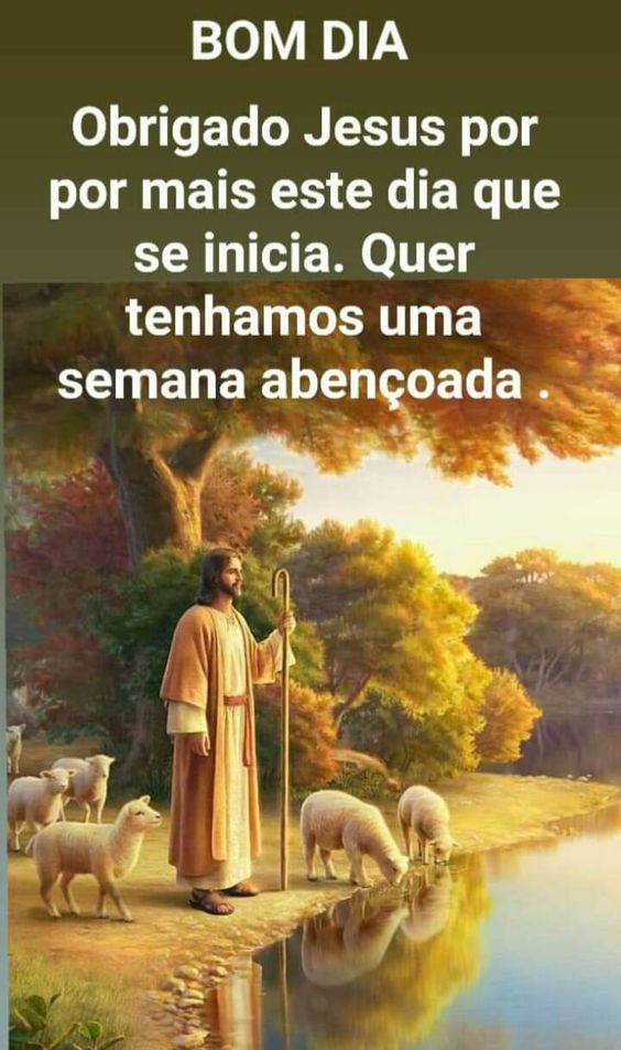 'Bom dia com Jesus Cristo a tratar suas ovelhas na beira do riacho'