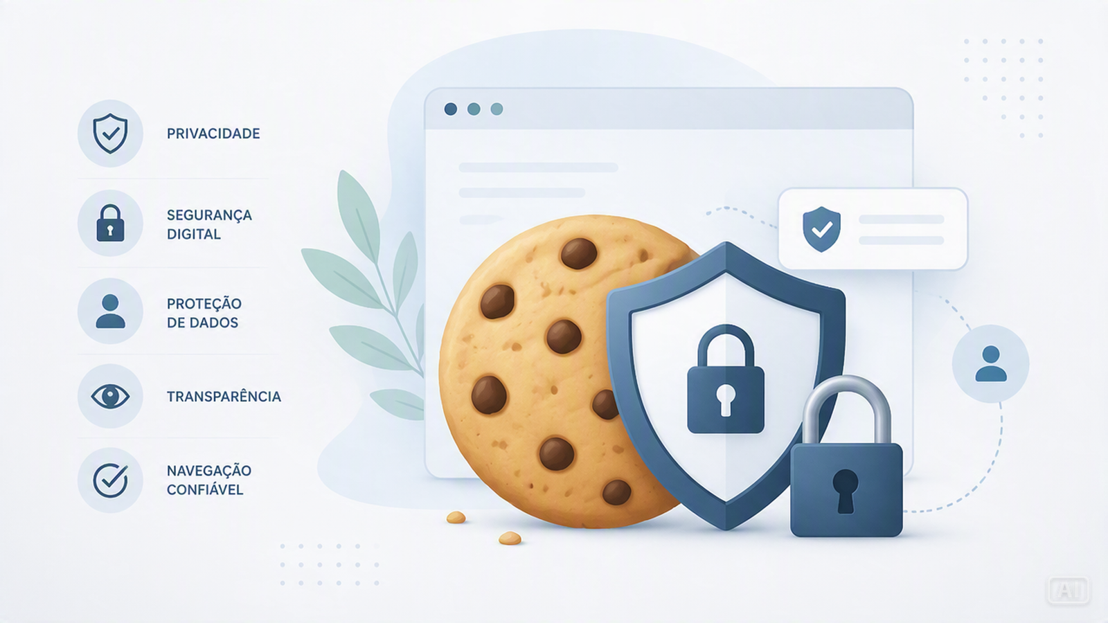Ilustração discreta sobre política de cookies do site, destacando privacidade, segurança digital, proteção de dados, transparência e navegação confiável.