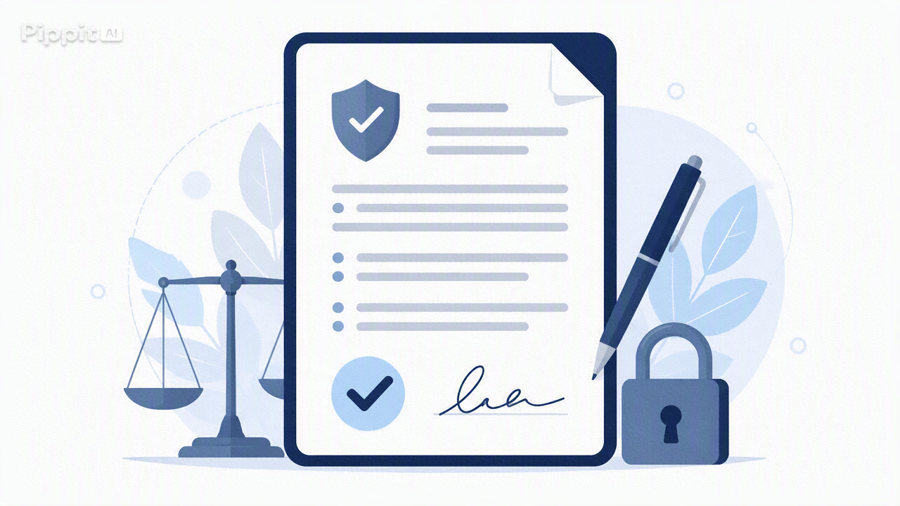 📋 Termos e condições de uso, ilustração discreta sobre regras, direitos, responsabilidades, privacidade, segurança e uso responsável de conteúdos online.