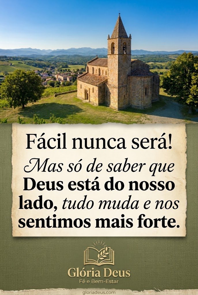 Fácil nunca será, mas com Deus ao nosso lado tudo muda: frase em pergaminho sob igreja de pedra em colina verde